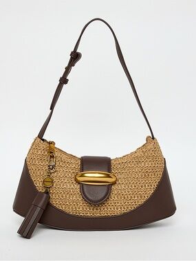 STEVE MADDEN Woven Crescent Raffia Boho Natural Brown Shoulder Crossbody Bag NWT